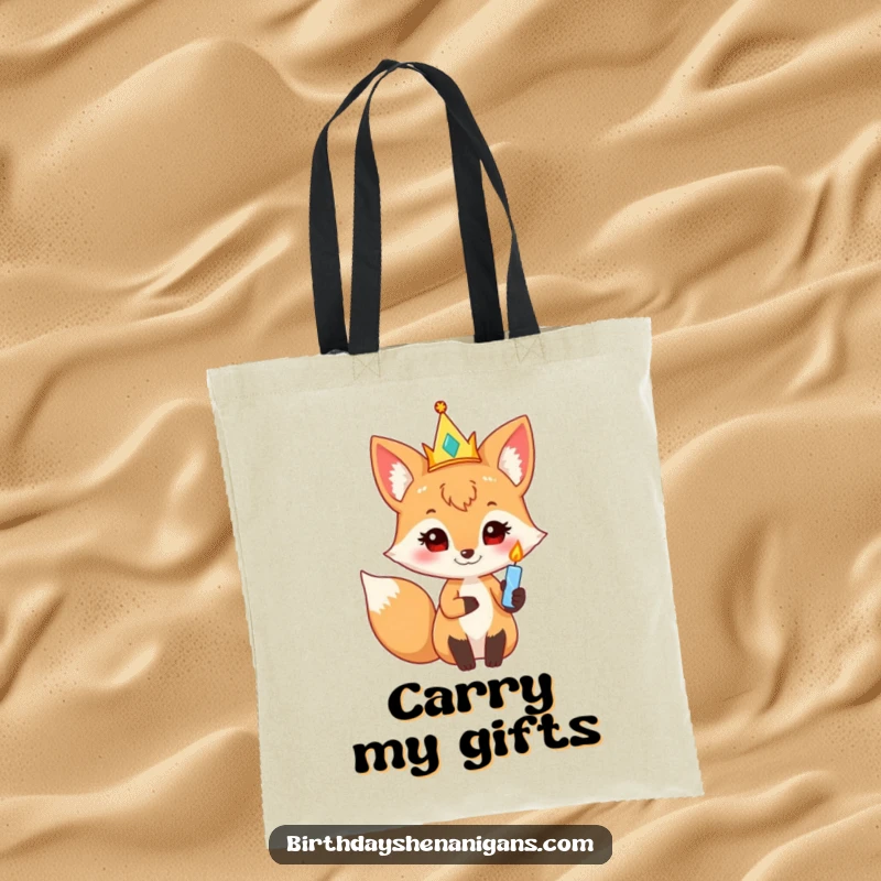 Funny curious fox with a party crown and twinkling candle, a humorous and practical tote bag for celebrations.
