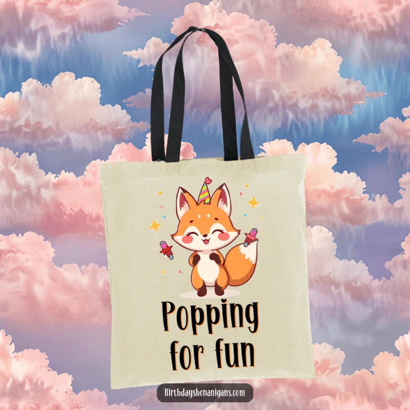 Funny fox tote bag designed with a gleeful character juggling party poppers, perfect for shopping and events.