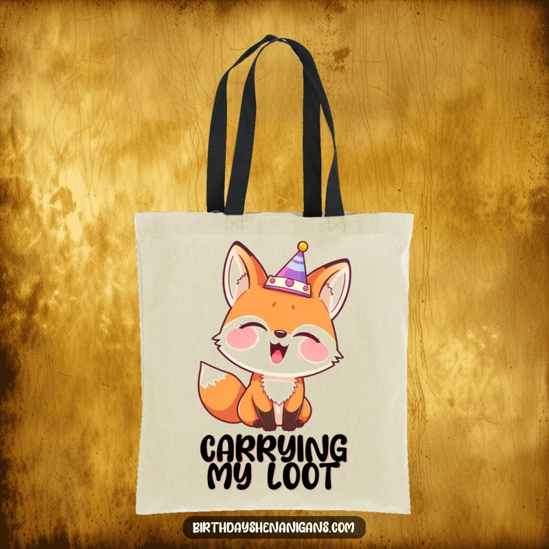 Funny tote bag illustrating a giggling fox wearing a party crown comically askew, ready for any adventure.