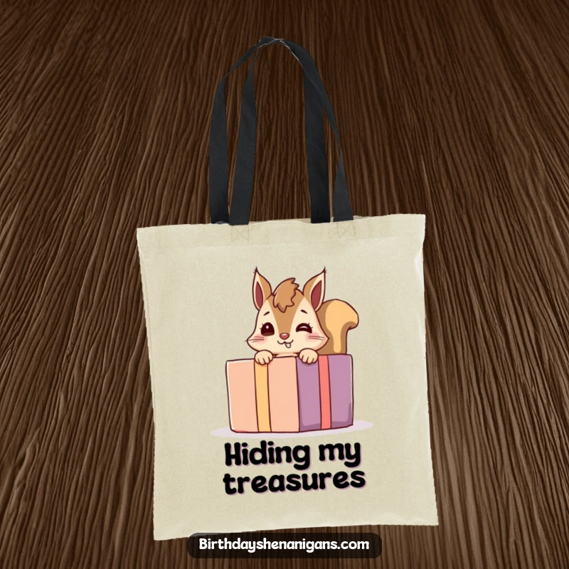 Funny giggling squirrel tote bag, a playful character peeking from behind a giant present, functional and charming for daily use.