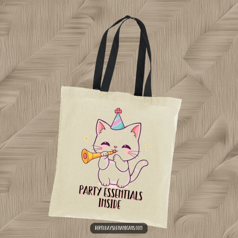 Funny kawaii cat wearing a birthday hat blowing a trumpet on a tote bag, practical and festive. Great gift.