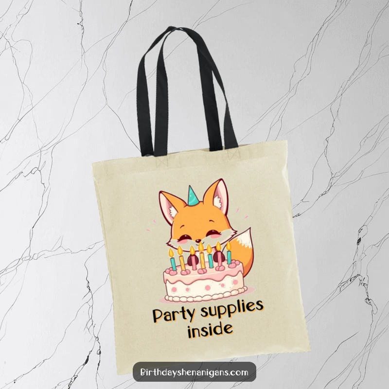 Funny kawaii fox grinning and blowing out birthday cake candles on a durable tote bag.