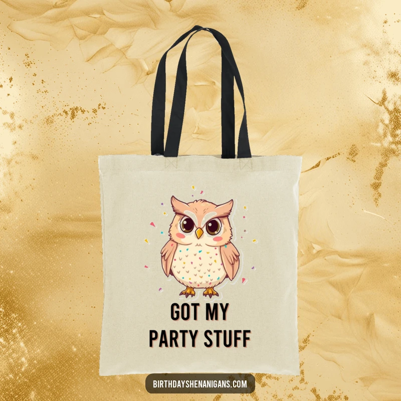 Funny Owl Tote Bag: A mischievous owl covered in confetti, ready for any celebration, a practical and funny gift.