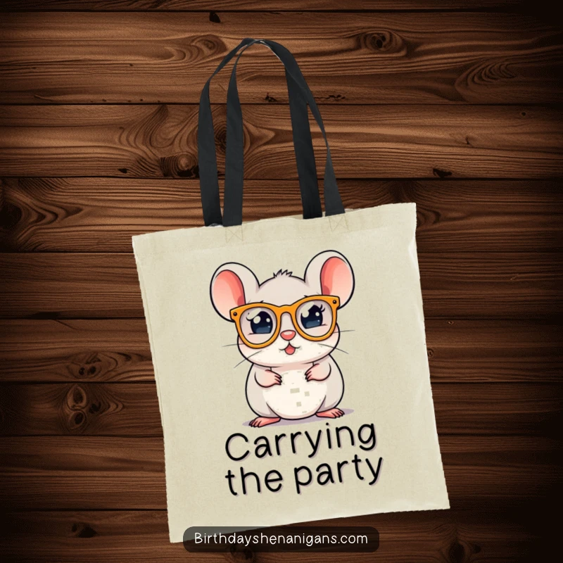 A round mouse character wearing tiny party glasses, designed on a tote bag for carrying essentials and good vibes.