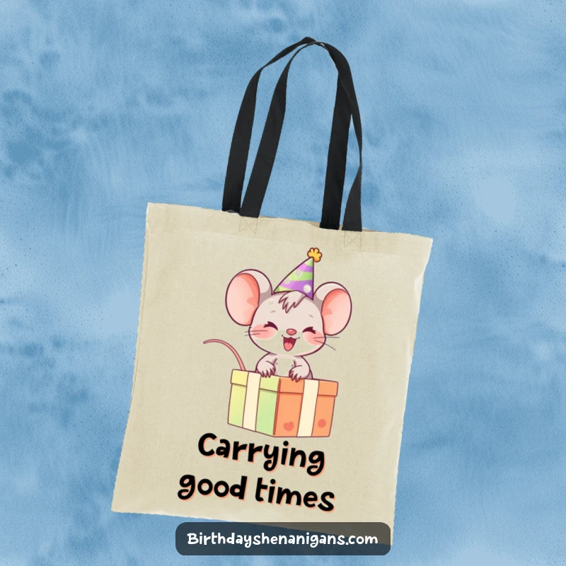 Funny Mouse Tote Bag: Giggling character riding a gift box, a stylish and humorous accessory.