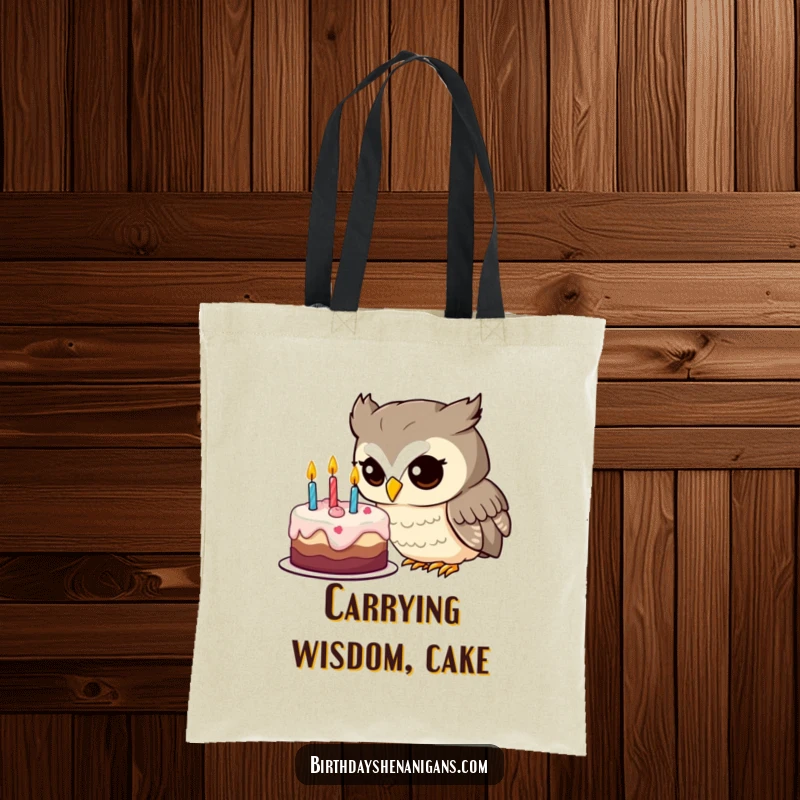 Funny owl tote bag designed with a curious character peeking at a delicious birthday cake, perfect for errands.