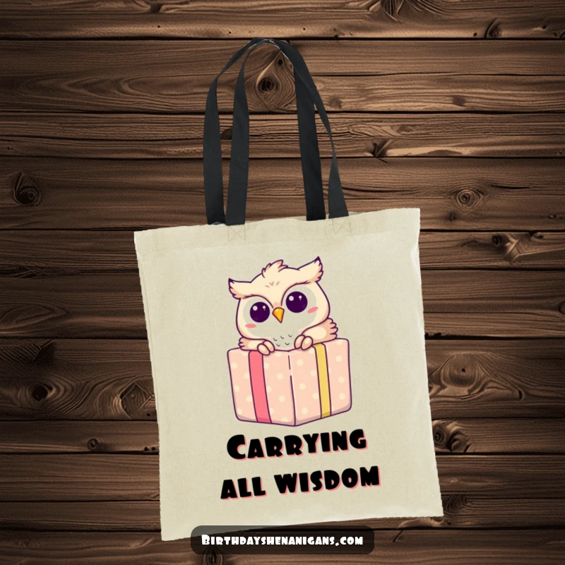 Funny tote bag illustration of an owl peeking from a present, ideal for shoppers and gift carriers.