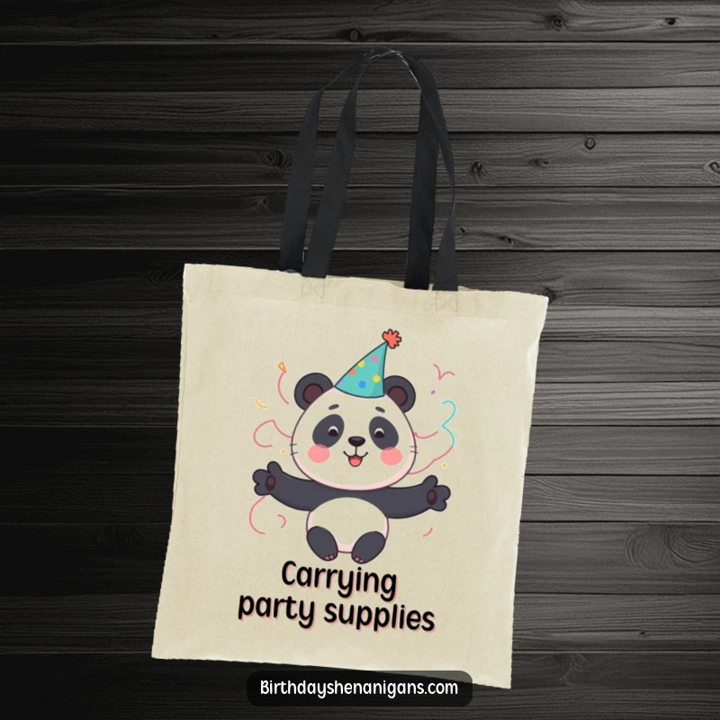 Funny Panda Tote Bag: A cute panda character wearing a party hat and streamers, perfect for shopping and party supplies.