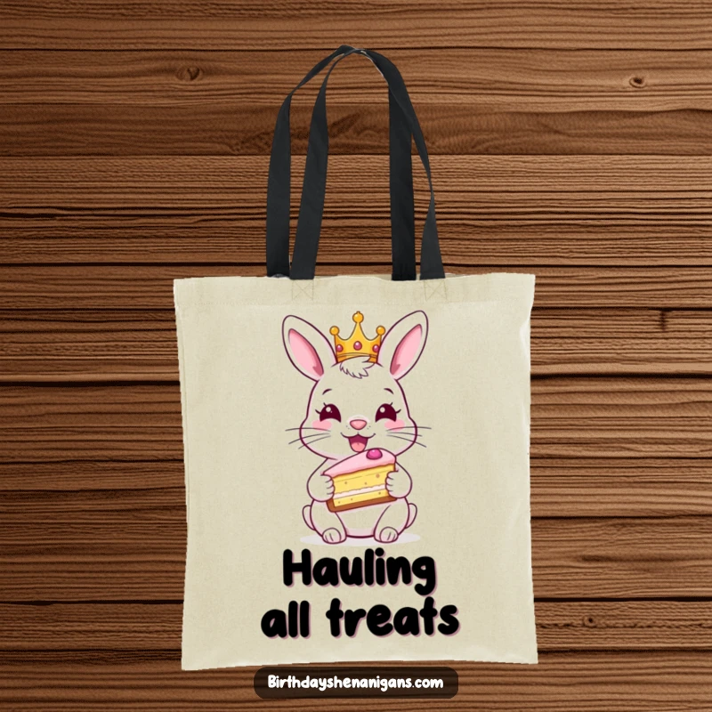 Funny rabbit tote bag, wearing crown, holding cake, royal theme, carrying essentials, cute and humorous.