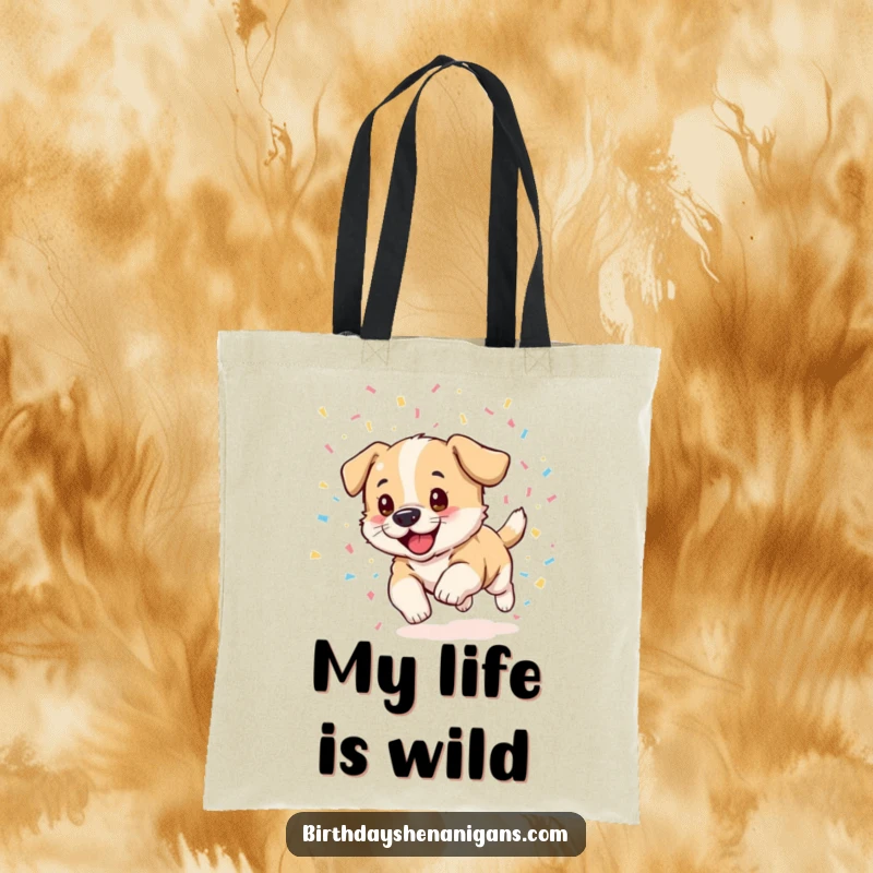 Funny puppy tote bag, excited, chasing confetti, celebration theme, carrying items, joyful and humorous.