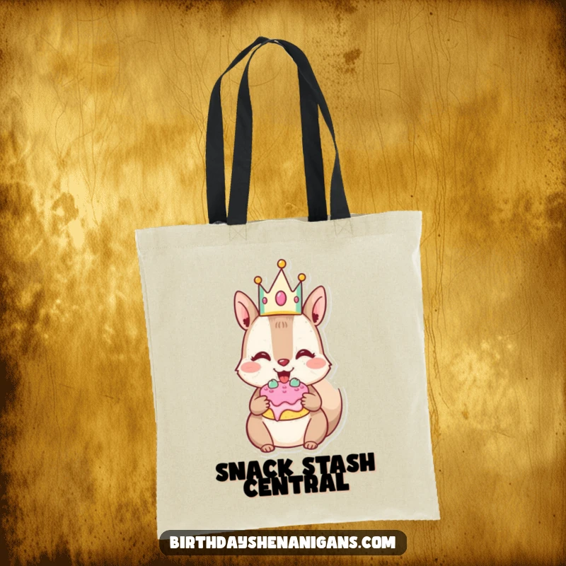 Funny Squirrel Tote Bag: Joyful character stuffs cheeks with cake, a stylish and humorous accessory.